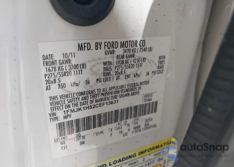 2012 Ford Expedition El King Ranch/Xlt из США, поврежденный, VIN 1FMJK1H52CEF13631